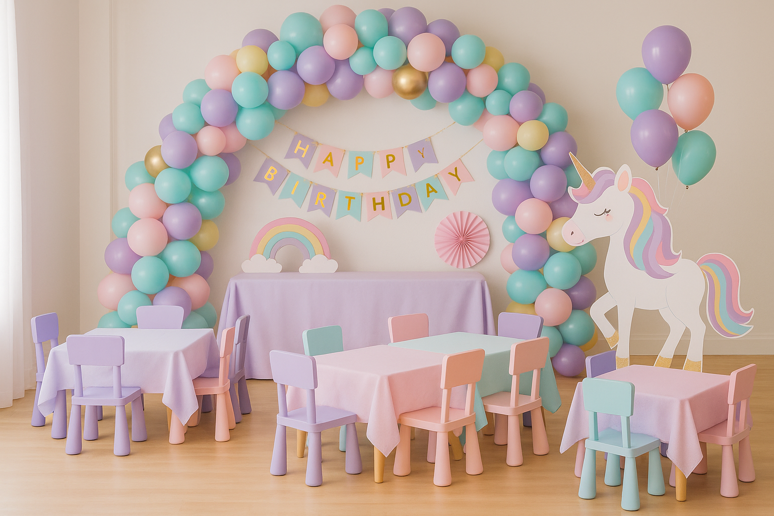 Themed kids party setup with decorations and props