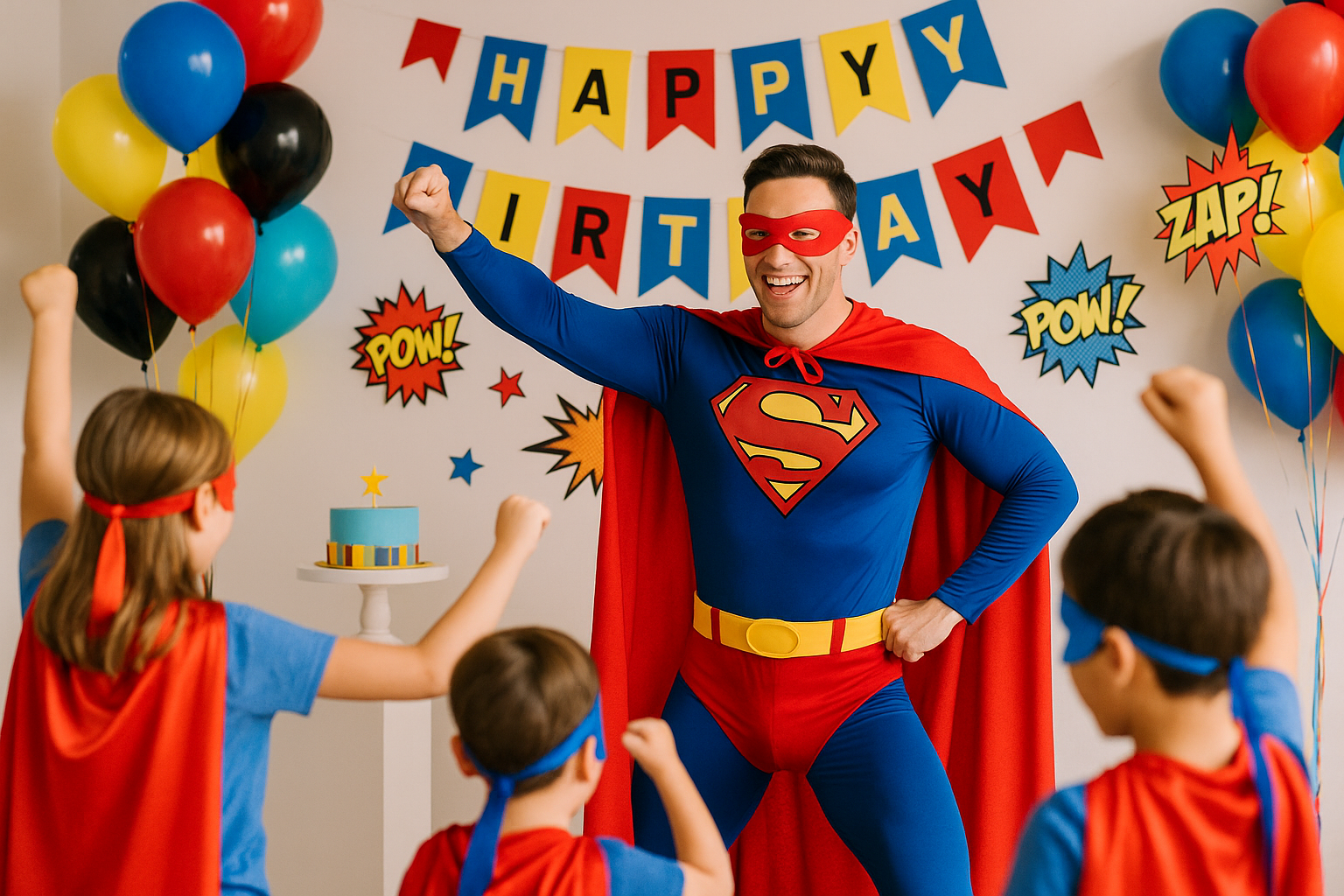 Superhero character greeting kids